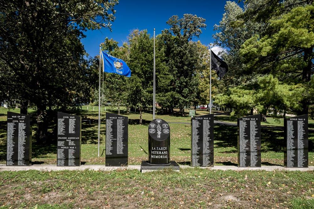Seven upright monuments at La Farge WI Veterans Memorial