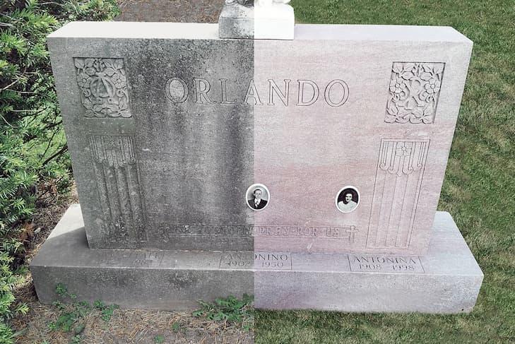 Raised granite monument before and after cleaning