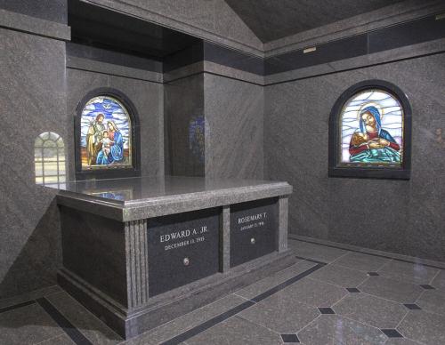 Interior of private mausoleum with stained glass windows