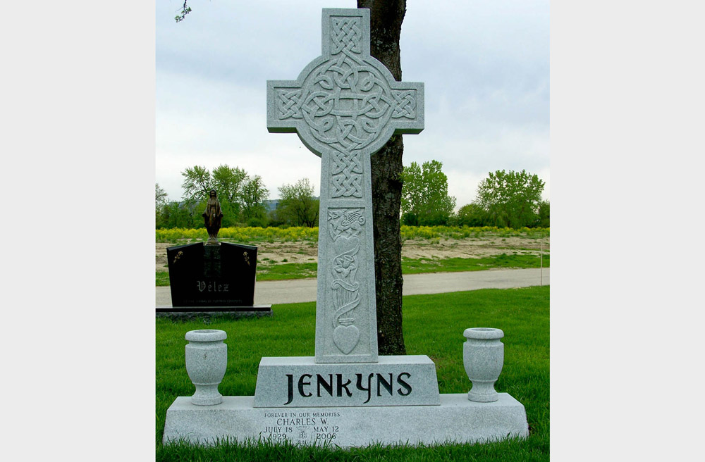 Free standing Celtic cross monument with custom font for family name