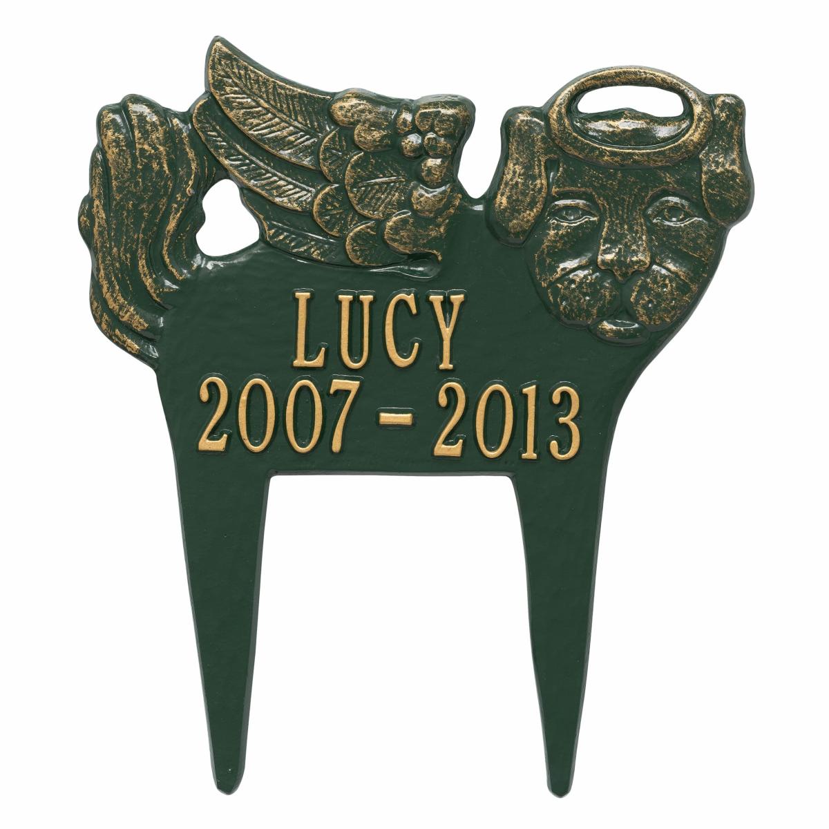 Female green and gold guardian angel dog lawn plaque