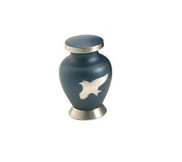 Small dark teal urn with silver bird and lid