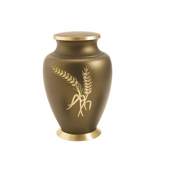 Large gold urn with scribed wheat symbol and lid