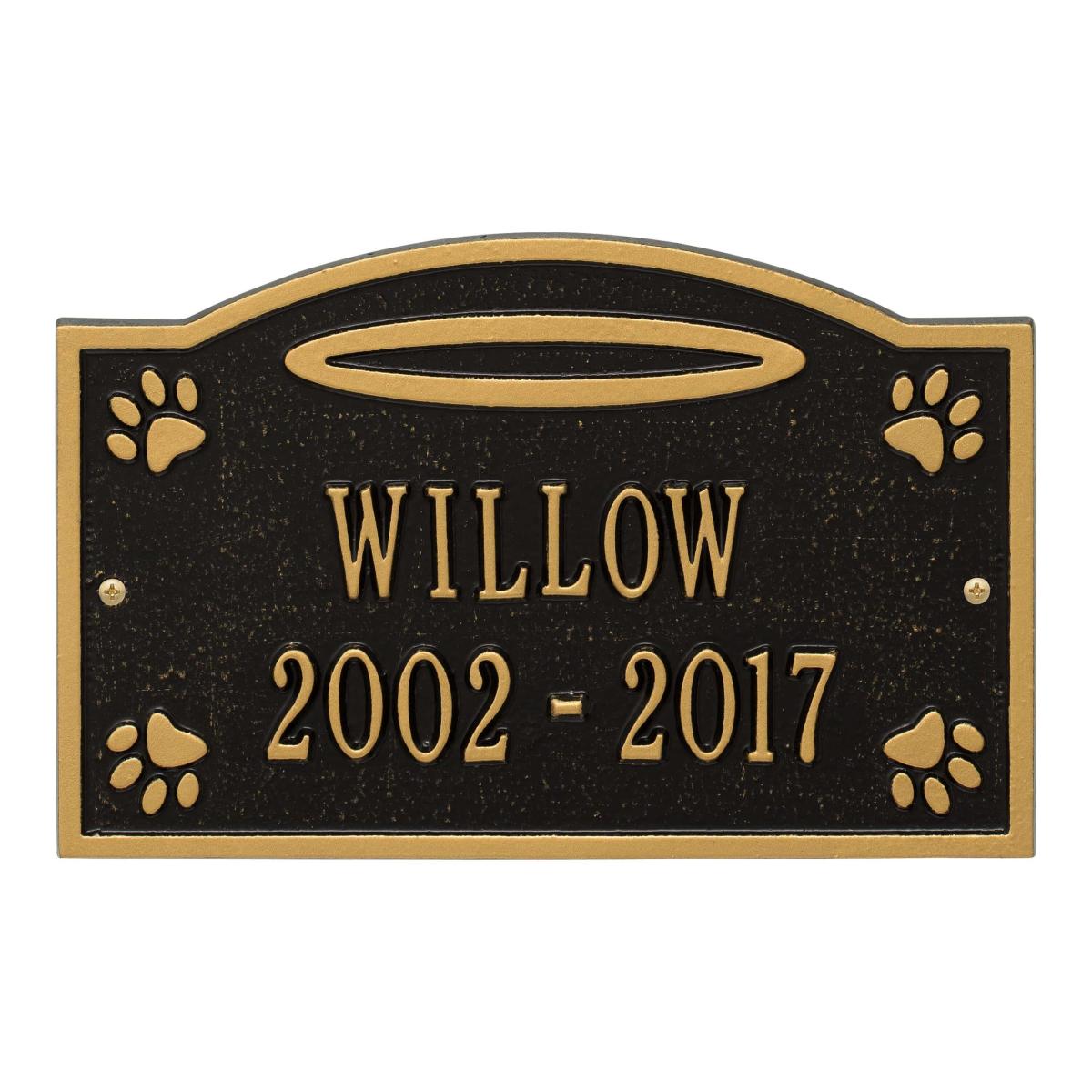 Ground Black and Gold plaque finish with image of pet paws and dates
