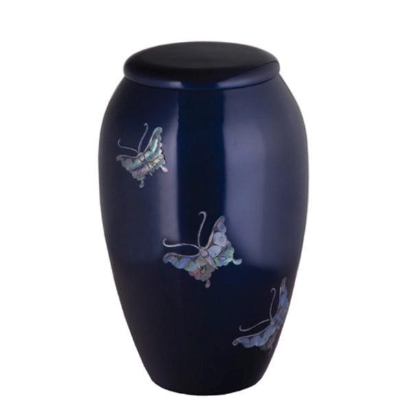 Large dark navy butterfly urn with lid