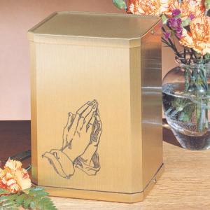 Large gold praying hand urn with lid